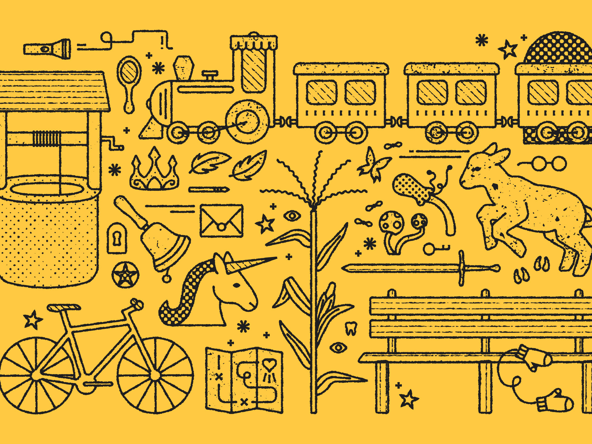 A composition of textured Bookish illustrations against a yellow background, including a train, an old well, a lamb, a unicorn head, and more.
