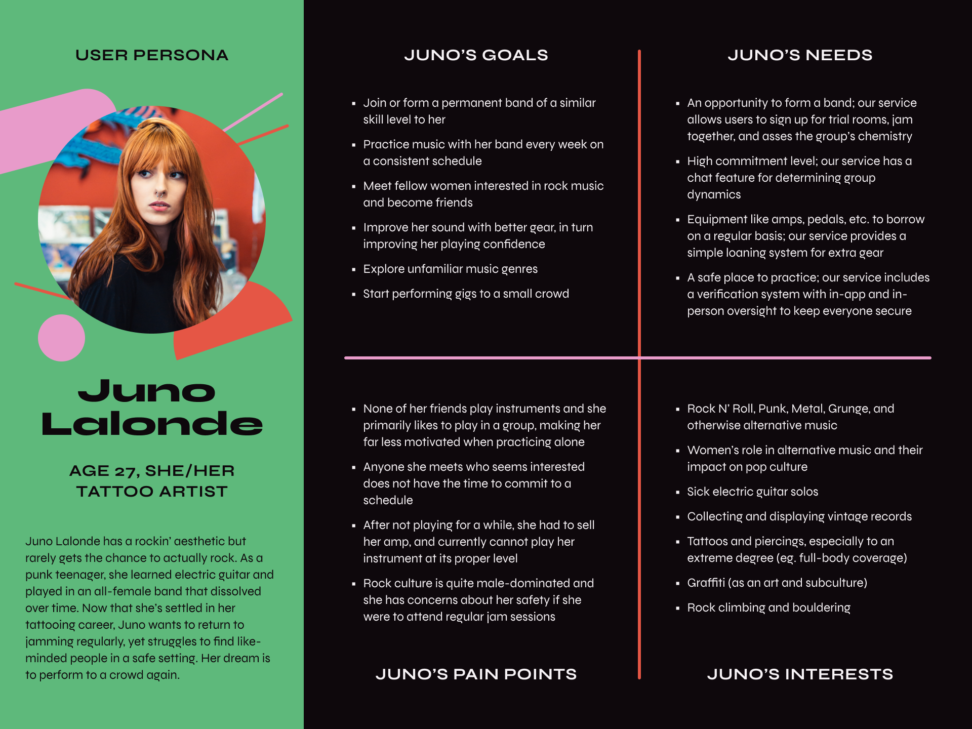 BPM’s user persona, Juno Lalonde, with details on her background, goals, needs, pain points, and interests.