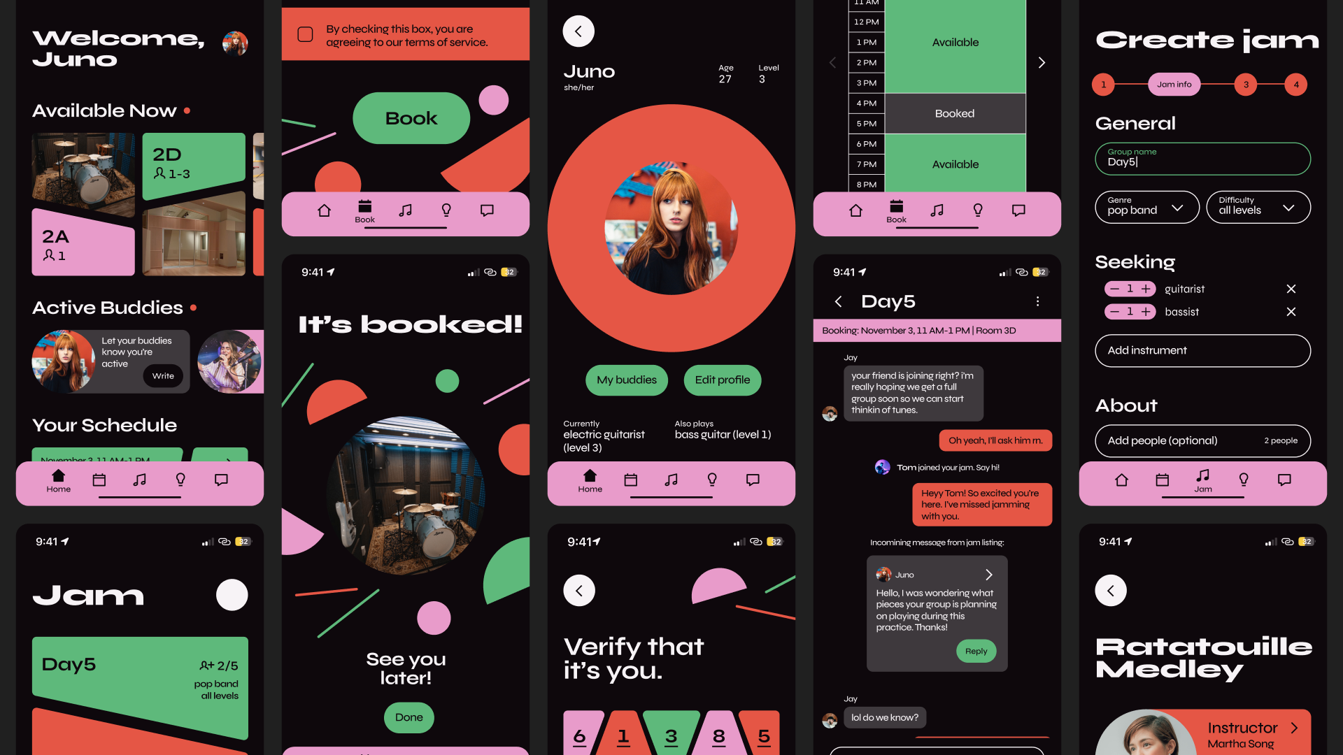 A selection of app screens from onboarding to profile to booking in a staggered layout.