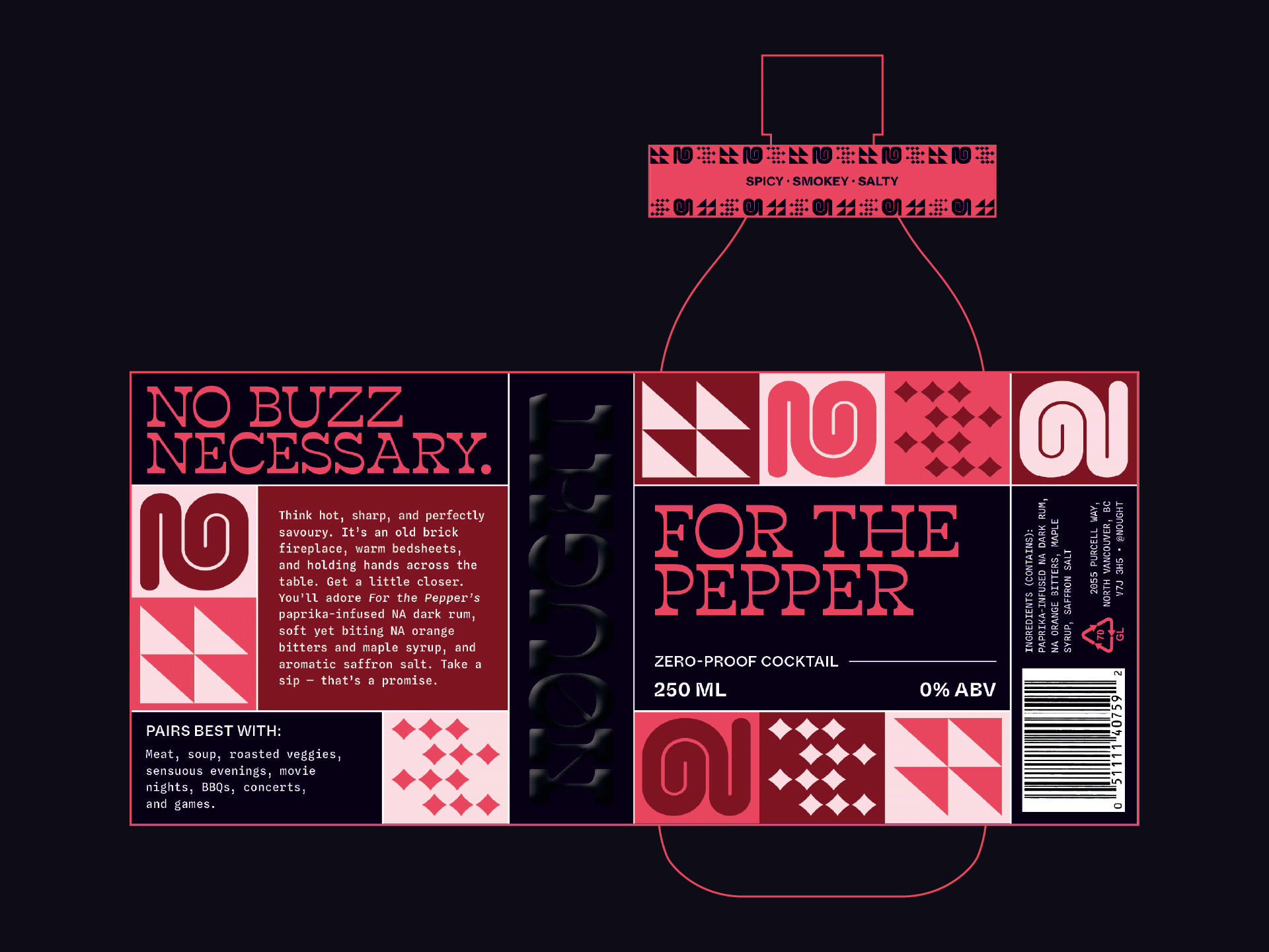 A gif cycles through Nought’s full packaging labels on flat bottle lineart against a black background.