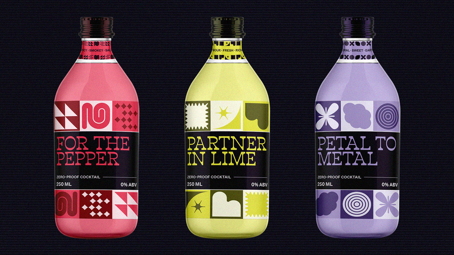 Nought’s three bottled cocktails, For the Pepper, Partner in Lime, and Petal to Metal.