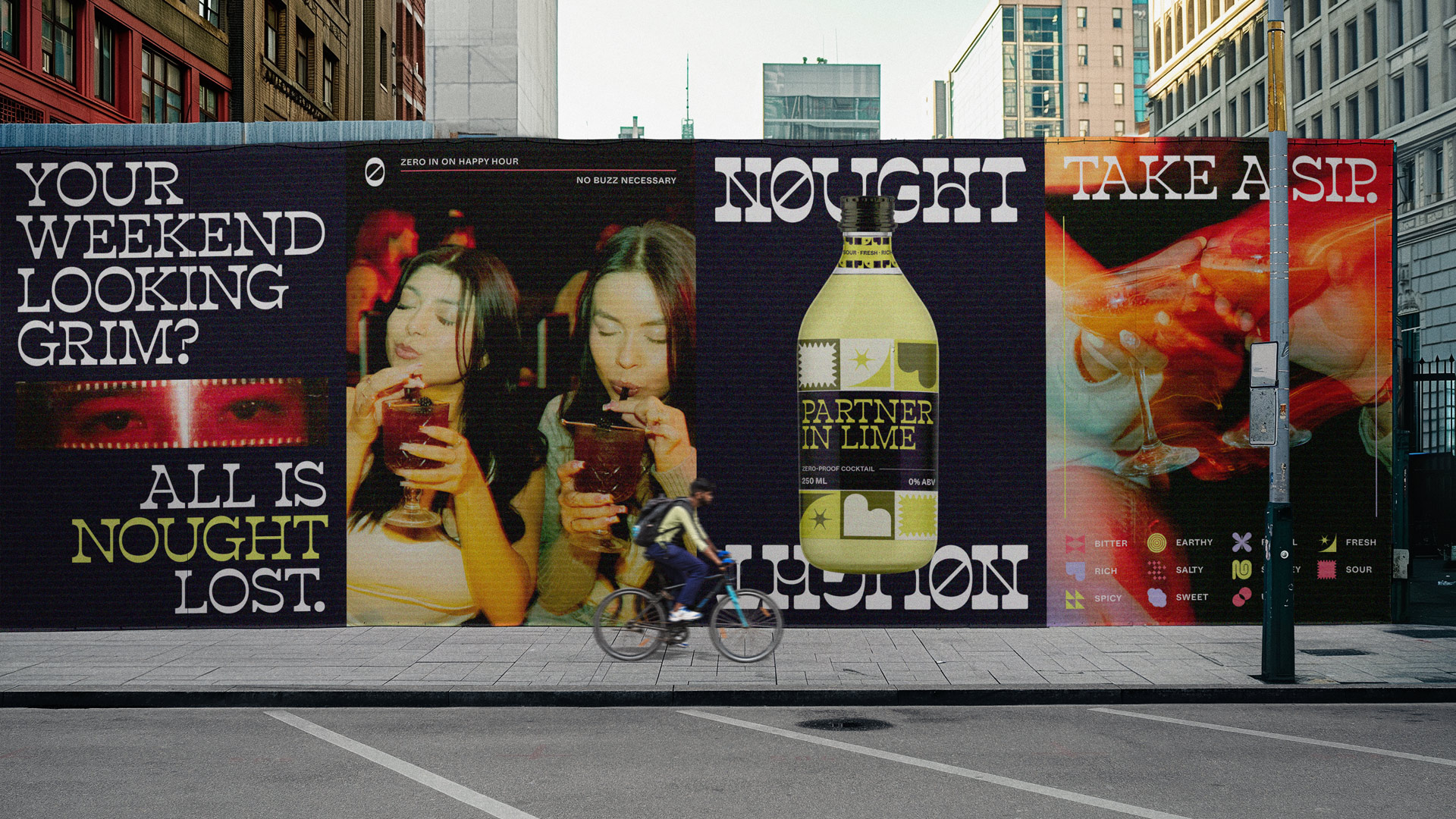 Four large out-of-home (OOH) ads on an urban street promote Nought’s cocktails with bold type and expressive lifestyle photos.