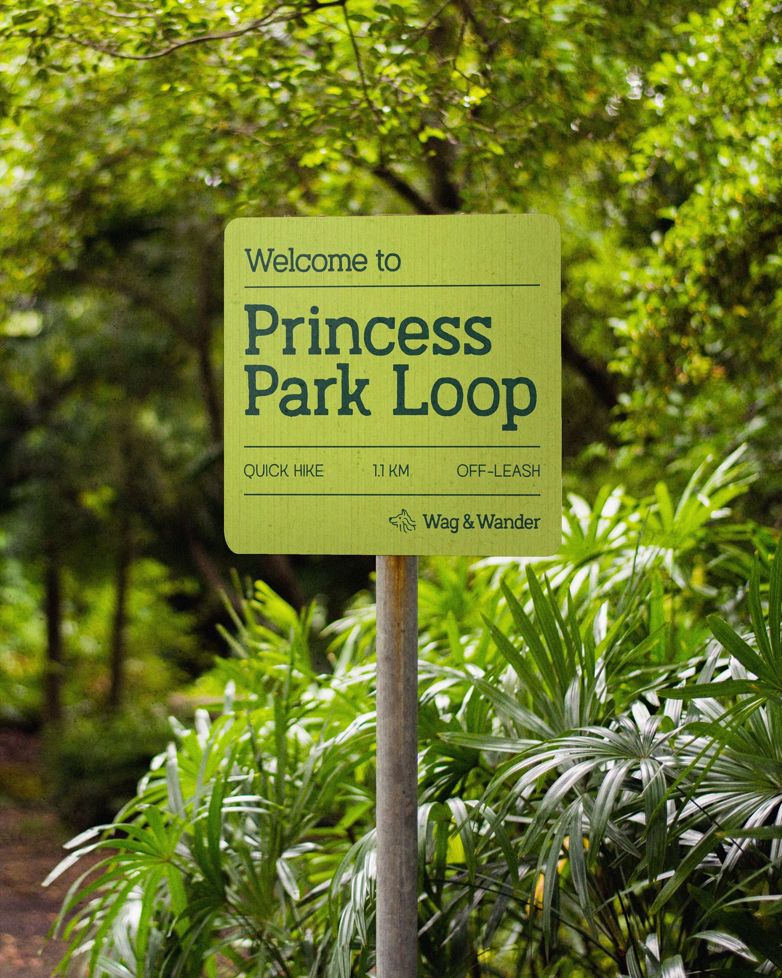 A welcome sign to Princess Park Loop, a short off-leash trail nestled in nature.
