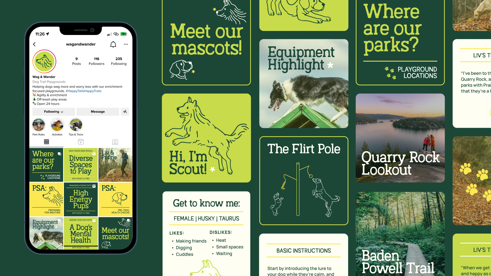 On the left, a phone screen shows Wag & Wander’s Instagram profile and grid. On the right, a staggered layout highlights pieces of the carousel posts.