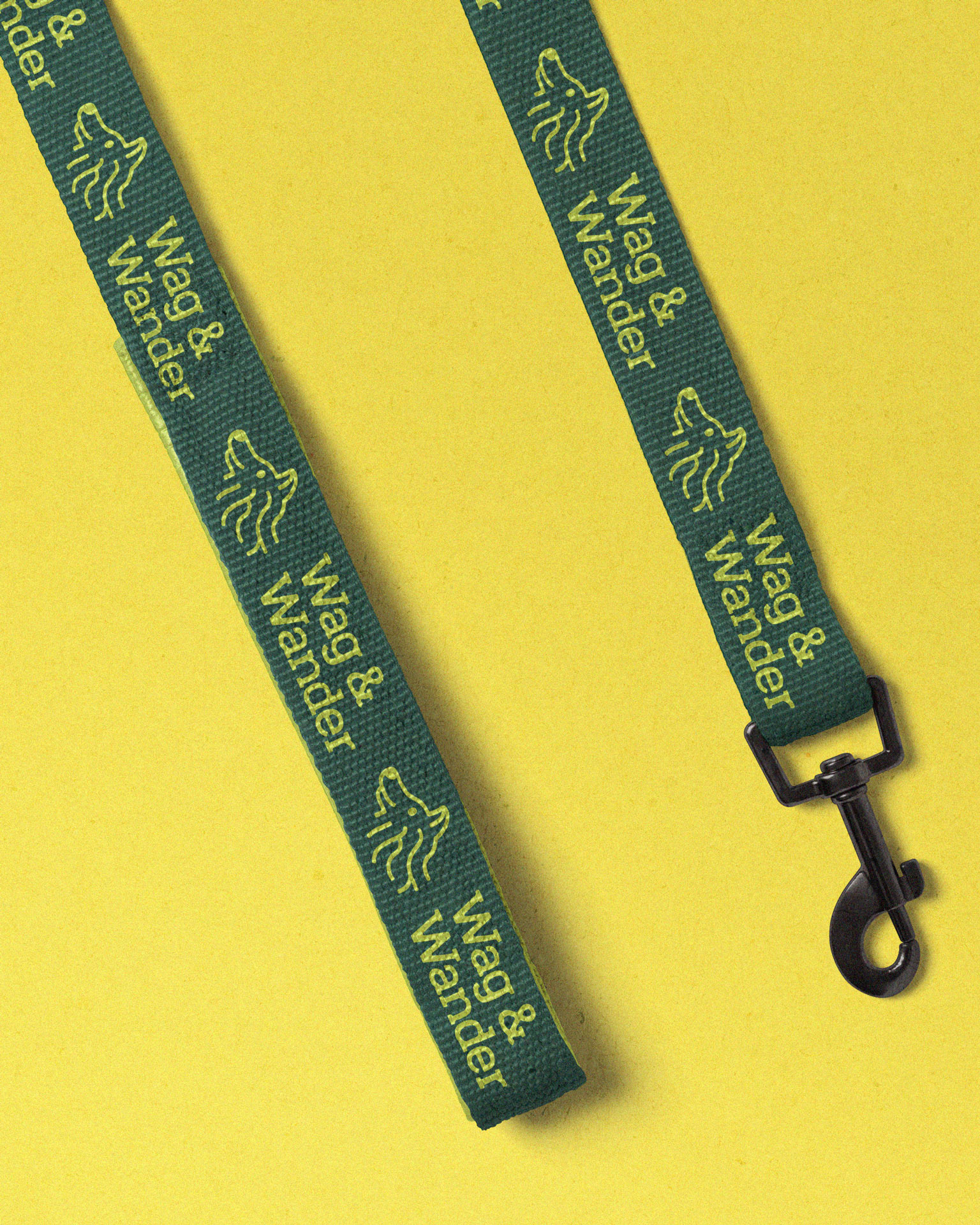 A simple dark green dog leash against a yellow background.