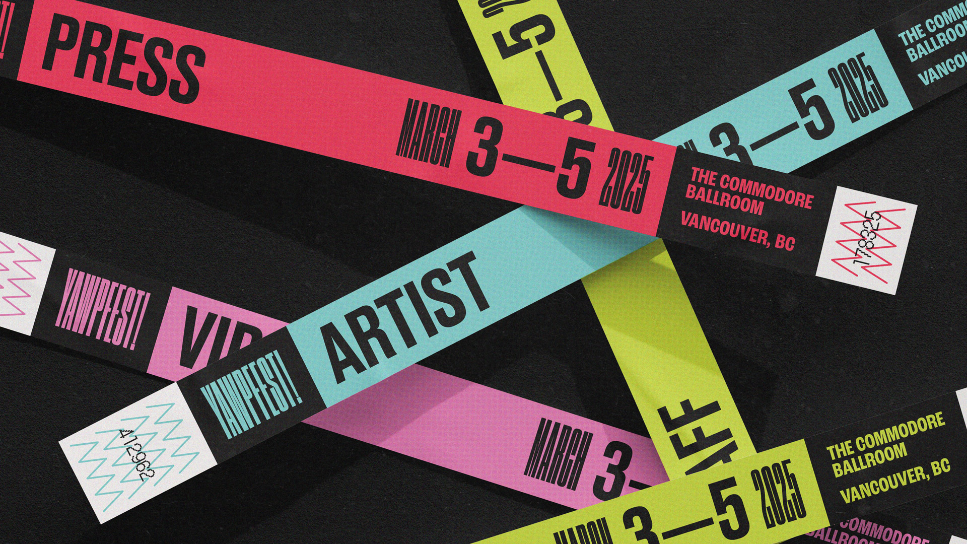 Criss-crossing coloured festival wristbands for VIPs, artists, press, and staff.